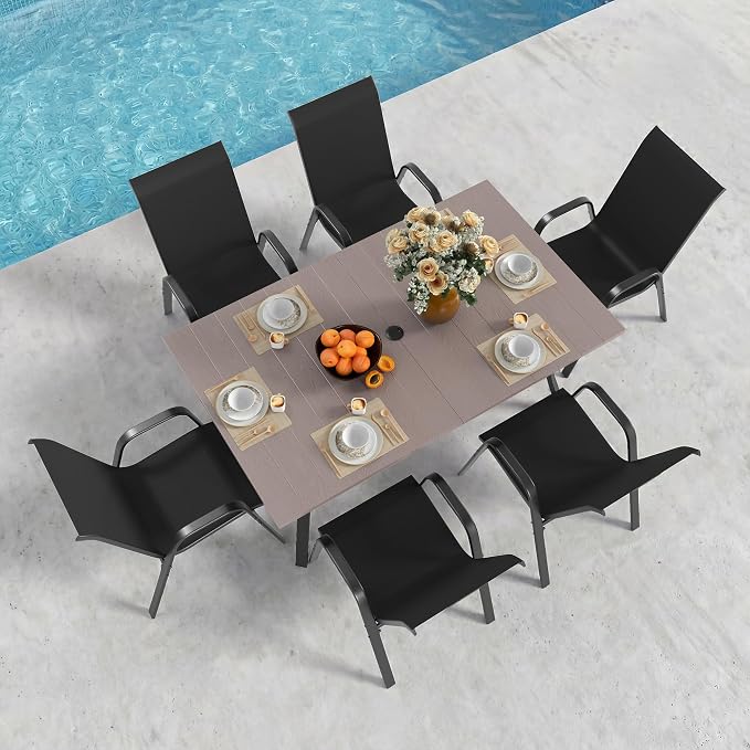 7-Piece Outdoor Dining Set - Rectangular Patio Table with Umbrella Hole and 6 Stackable Dining Chairs All-Weather for Garden, Deck, and Poolside (Natural, 63"L x 38"W x 28"H Rectangle Dining Table)
