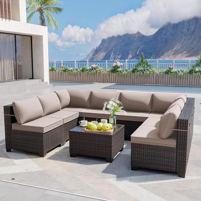 ALAULM 9 Pieces Patio Furniture Set Wicker Patio Conversation Set, Outdoor Sectional Furniture w/Coffee Table & Washable Seat Cushions-Sand