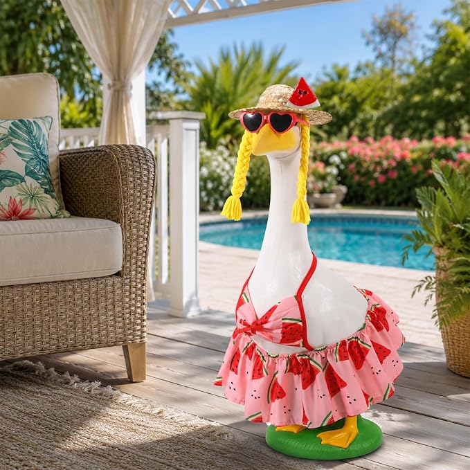 JcHrmers Bikini Goose Outfit Summer Watermelon Porch Goose Outfits Hawaiian Lawn Goose Clothes Fits 23" Cement Plastic Goose Statue for Summer Outdoor Garden Yard Patio Art Decor