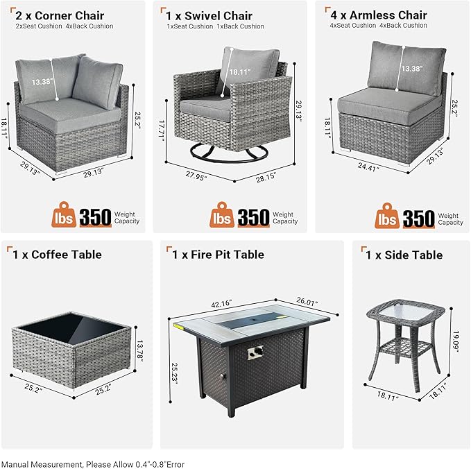 ovios 10 Piece Outdoor Patio Furniture Set with Fire Pit Table,Conversation Sectional Wicker Couch with Swivel Chairs,Modern Outside Sofa for Balcony Backyard, Dark Grey