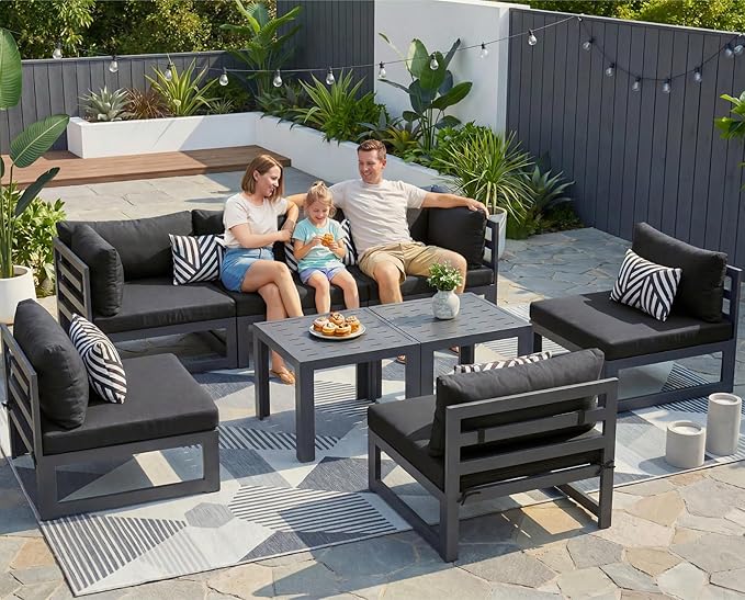 NICESOUL 6 Person Modern Aluminum Patio Furniture Set, 500 lbs Heavy Duty Sturdy Outdoor Sectional Sofa, 29" Deep Wide Oversized Seating, L Shaped Modular Conversation Couch for Garden Backyard, Black