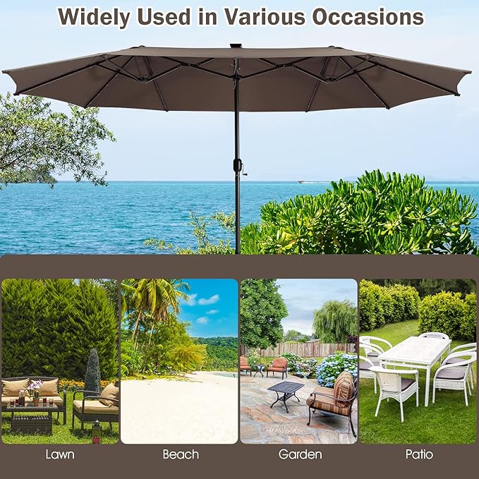 Giantex 15 FT Double Patio Umbrellas with 48 Solar LED Lights, Auto-Charging Panel, Crank System, Outdoor Extra-Large Rectangle Market Table Umbrella for Garden Deck Backyard Beach Pool