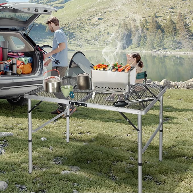 RedSwing Portable Grill Table for Outside, Aluminum Folding Grill Stand Table for Outdoor Camping Picnic BBQ, Lightweight Adjustable Height, 36"x24"x15"/28" Sliver
