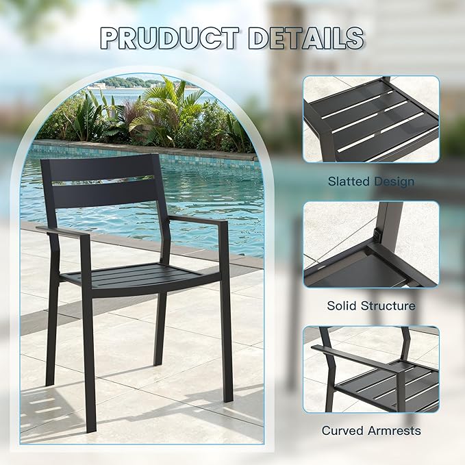 VICLLAX Patio 7 Pieces Outdoor Dining Set, Wrought Iron Metal Outdoor Table and Chairs Set, 47" Round Table with Umbrella Hole and 6 Stackable Chairs for Lawn, Garden, Porch, Black