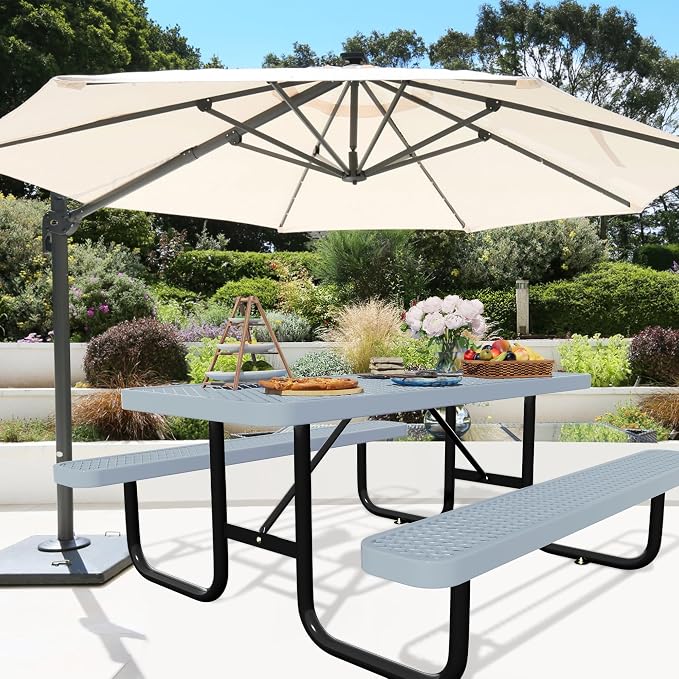 Picnic Tables for Outdoors,Commercial Metal Picnic Table Bench Set with Umbrella Hole,School Canteen Tables W/Seats - Heavy Duty Sturdy Picnic Tables Furniture for Patio Garden (Grey, 6FT)