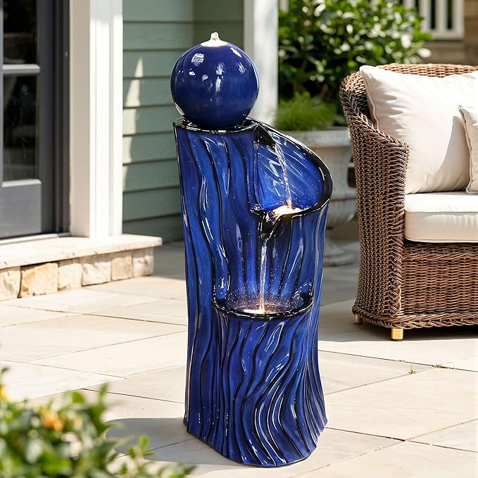 32" H Ceramic Outdoor Water Fountain with LED Lights, 3-Tier Cascading Sphere Water Feature, Tranquil Waterfall for Relaxing Garden, Patio, Yard, or Porch, Cobalt Blue, Dynamic Wave-Texture