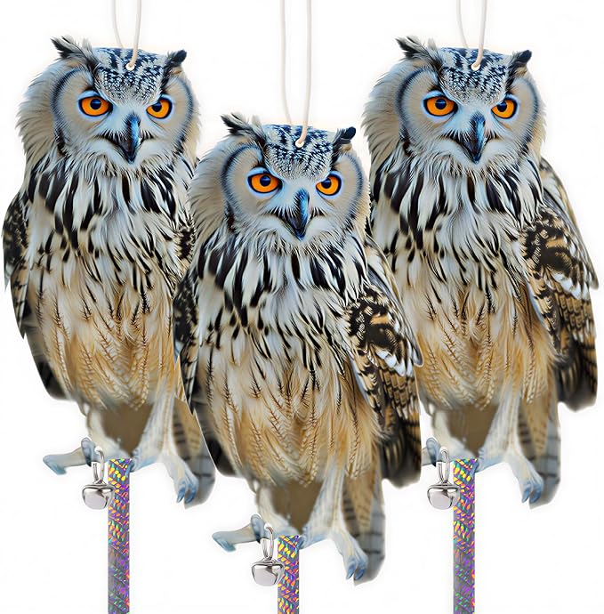 Fake Owl to Keep Pigeons Away from Balcony, 3Pcs Flat Plastic Owl to Scare Woodpecker from House, Garden Owls to Scare Pigeon Squirrel, Hanging Owls with Reflective Tape for Porch Patio Windows Yard