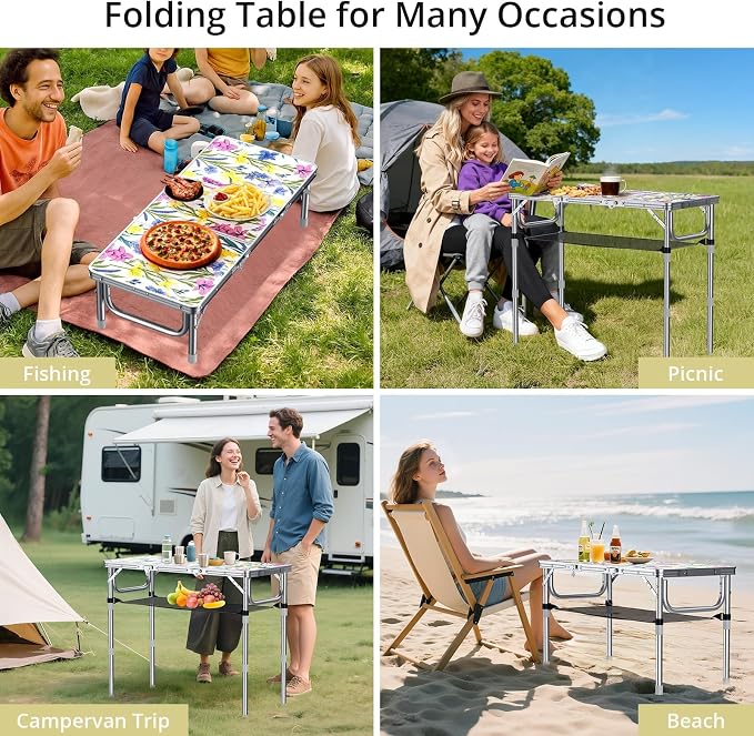 Anbte 3ft Folding Camping Table with Storage Net & Bag, 3 Adjustable Height Max 27.5" Outdoor Folding Table Lightweight, Portable Handle for Outdoor Indoor Camping Beach RV Picnic, Blooming Floral