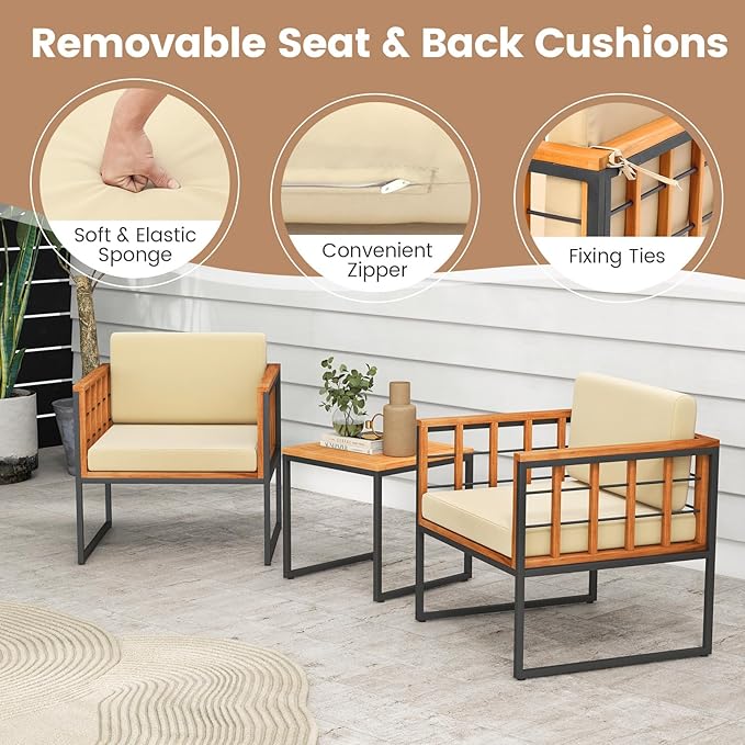Tangkula 3 Pieces Patio Chair Set, Acacia Wood Outdoor Sofa Set with Metal Support, Soft Seat & Back Cushions Included, Cushioned Bistro Set for Balcony, Porch, Backyard (Beige)
