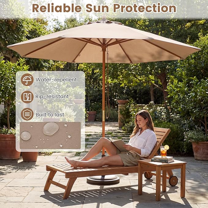 HAPPYGRILL 9 FT Patio Umbrella, Outdoor Table Market Umbrella with 8 Sturdy Bamboo Ribs, Wood Pole, Sun-Protective Double-Tier Canopy, Air Vent, Sunshade Parasol for Garden Deck Backyard Pool (Beige)
