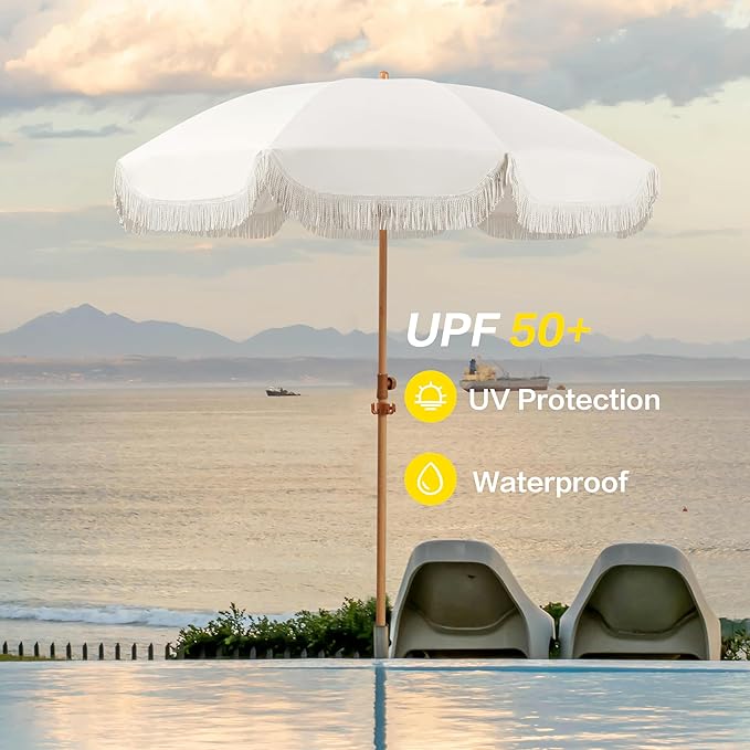 Seazul 6.5ft Patio Umbrella with Fringe, Beach Umbrella, Fringe Umbrella Outdoor Patio with Hanging Hook, Tilting Aluminum Pole, UV 50+, Fiberglass Ribs, Elegant Cream