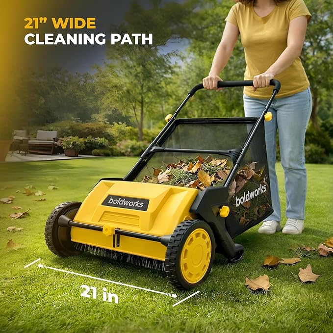 Push Lawn Sweeper 21" Walk Behind Leaf Collector for Lawn and Yard with 103L Hopper Bag Adjustable Height Grass & Leaf Picker for Lawn Cleanup