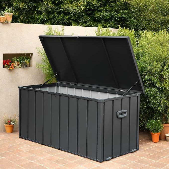 ChicFurnit Outdoor Storage Box, 200 Gallon Deck Box with Lockable Metal Lid & Portable Side Handles, Outdoor Storage Bin with Stable Support Rod, Soft Close Mechanism & Mobility Rollers, Dark Gray