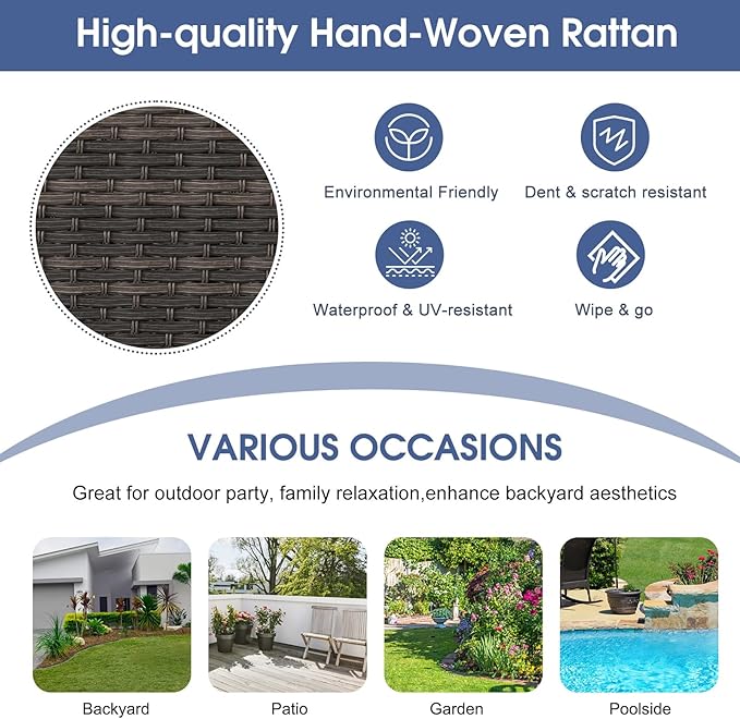 kinbor Outdoor Sectional Furniture - Outdoor Patio Conversation Sets, 7 Pieces Outdoor Sectional Sofas with Swivel Rocking Chair, Brown Wicker Rattan Patio Furniture Set, Navy Blue