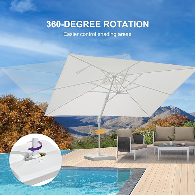 PURPLE LEAF 10' × 13' Patio Umbrella With Base White Cantilever Umbrella Square Outdoor Offset Umbrella Windproof with 360° Rotation for Garden Deck Pool, White