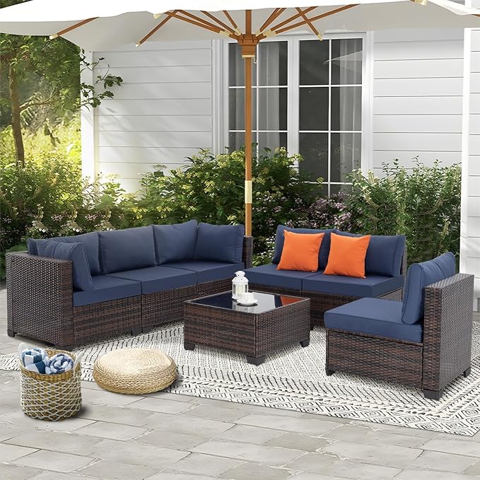 FHFO 14 Piece Outdoor Wicker Patio Furniture Set, Brown/Blue | Sectional Sofa | All-Weather Hand-Woven Rattan | Tempered Glass Coffee Table | Free Combination | Indoor & Outdoor Use