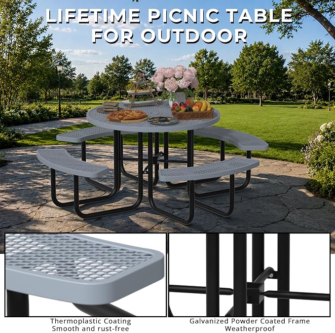 All-Weather Round Outdoor Picnic Table, Commercial Picnic Table Bench Set with Umbrella Hole, Thermoplastic Coated Metal Dining Tables for School, Stores, Park, Patio, Yard, Grey