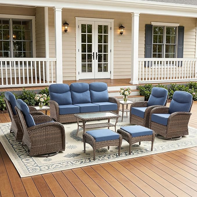 10-Piece Luxury Patio Furniture Set with 6-Inch Thick Cushions, High-Back Outdoor 4 Swivel Rocking Chairs with Wicker Coffee Table, All-Weather Conversation Set for Porch, Deck, Yard or Poolside Blue