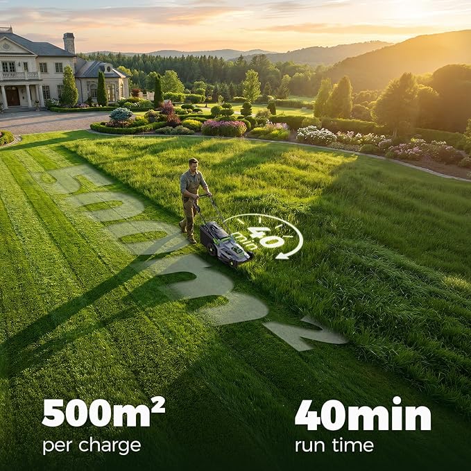 40V Cordless Lawn Mower, 17 Inch Electric Battery Powered Lawn Mower with 2x4.0Ah Batteries, 6 Height Adjustment, 50L Grass Bag, 1200W Brushless Motor, 40min Runtime for 500㎡ Yard