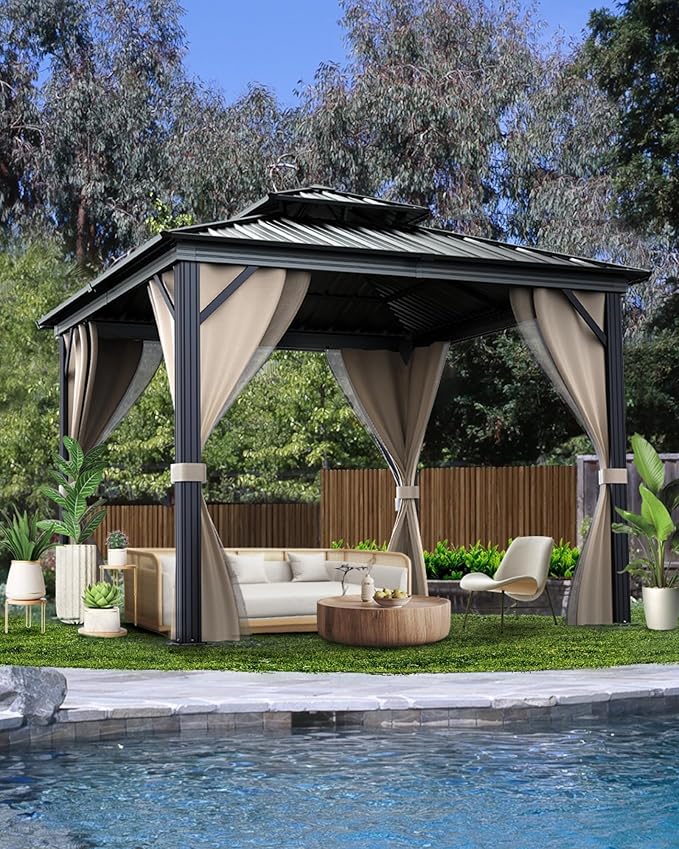 12'X12' Hardtop Gazebo, Galvanized Steel Aluminum Frame with Double Roof, Heavy-Duty Outdoor Patio Gazebo with Curtains & Netting for Backyard, Deck, Porch, Garden, Lawn, Khaki