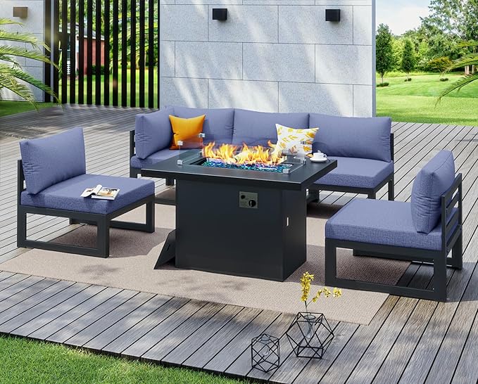 NICESOUL 6 Piece Modular Grey Aluminum Outdoor Patio Furniture Set with Fire Pit Table Propane/Natural Gas, 29" Deep Wide Seated Conversation Sofa, 500 lbs Heavy Duty L Shaped Sectional, Denim Blue