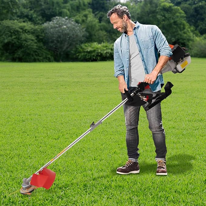 Gas Powered Weed Eater, 33cc 2-Stroke Cordless Lawn Edger Gas String Trimmer with Two Blade Heads, Trimmer Power Gasoline Chainsaw for Home Lawn Mowe, Orchard Mowing, Tea Garden Mowing
