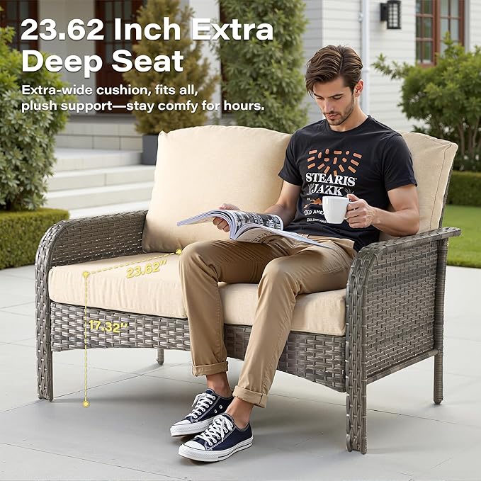 7 Pieces Patio Conversation Sets,Patio Furniture Set with Swivel Rocking Chairs,Coffee Table, Side Table, All Weather Rattan Wicker Outdoor Sectional Furniture Set for Porch Balcony Backyard Beige