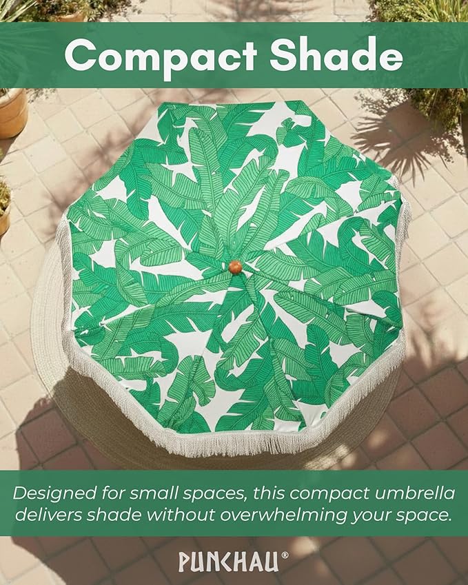 6 Ft Fringe Patio Umbrella - Outdoor Umbrella for Patio, Pool, Table, Garden, Deck, Beach, and Outdoors - Fashionable Boho Vintage Tassels & Wood Print - Push Button Tilt Pole