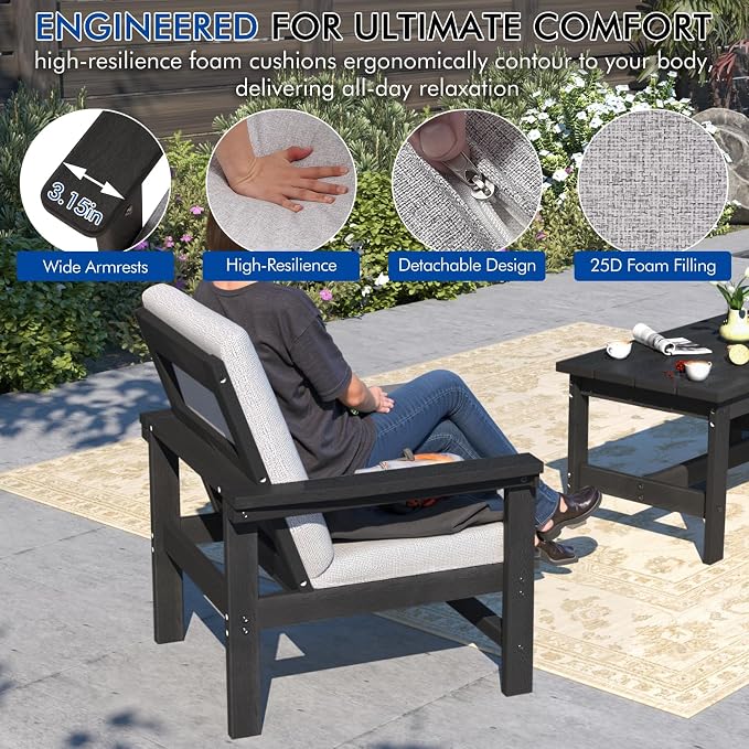 3-Piece HDPE Patio Furniture Set, All-Weather Outdoor Sectional Sofa Set with Side Table & Cushions - Wood-Like Composite Conversation Couch for Deck, Lawn, Balcony - Black Frame