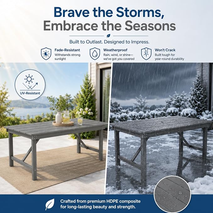 67" Rectangular Outdoor Dining Table, All-Weather HDPE Patio Table for 6-8 Person, Large Composite Wood Furniture with Umbrella Hole for Backyard Deck Garden Poolside, Gray