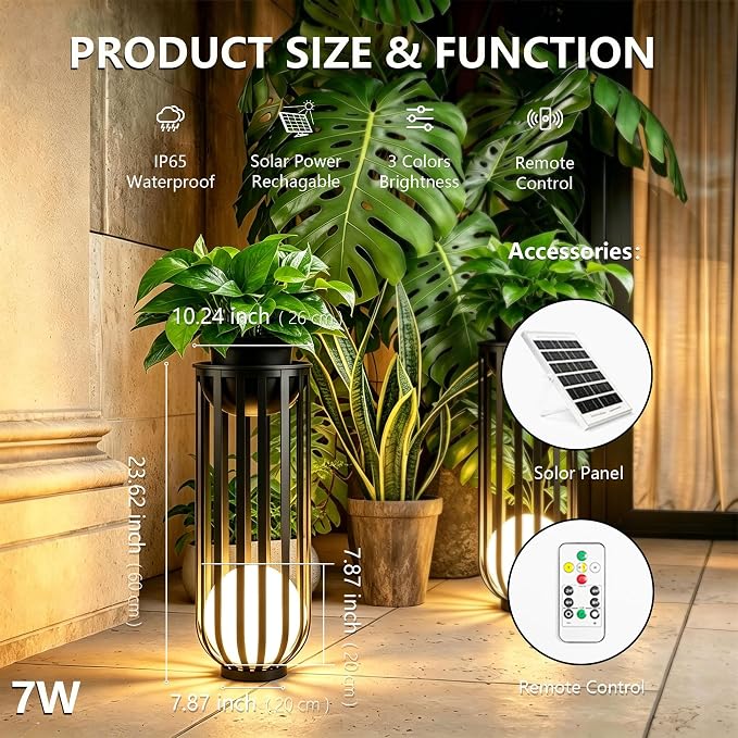Solar Powered Patio End Table,LED Sphere Light, Remote & Detachable Solar Panel,All Weather Resistant Plant Stand for Backyard Outdoor Decor