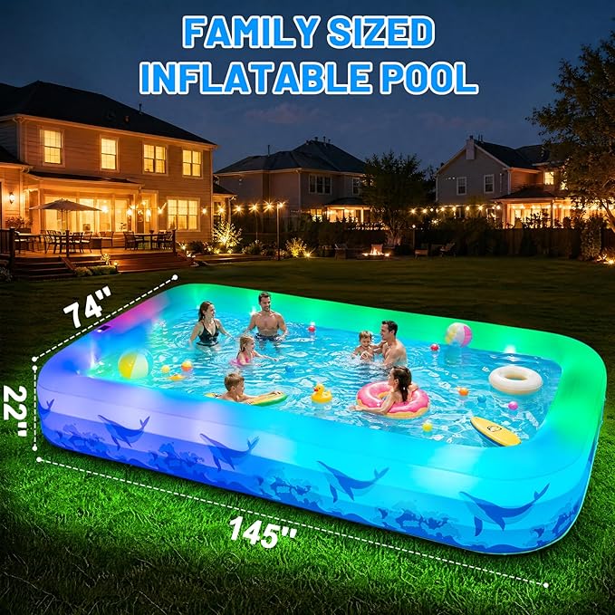 Large Inflatable Swimming Pool with Light, 12FT X 6.2FT Solar Blow Up Pool Inflatable Pool for Kids Adults, Durable Thickened 7 Color Family Kiddie Pool for Backyard Outdoor