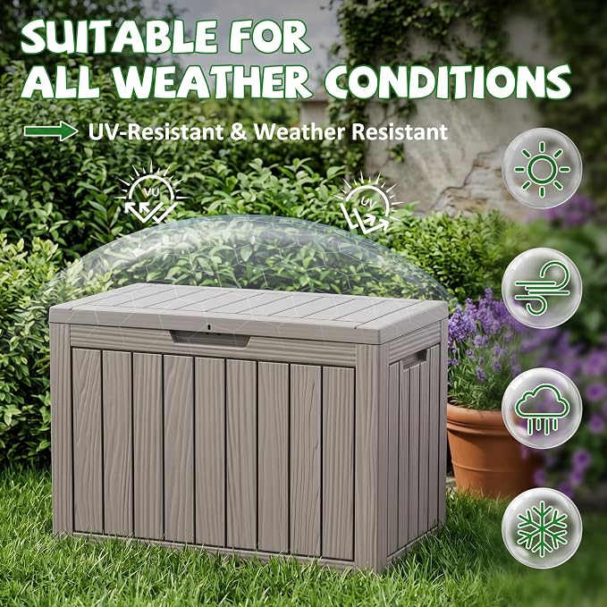 DRATO 50 Gallon Outdoor Storage Box Waterproof, Lockable Resin Deck Box for Patio Furniture, Pool Supplies & Garden Tools, Weatherproof Outside Storage Bin for Backyard Porch (Grey, 50 Gallon)