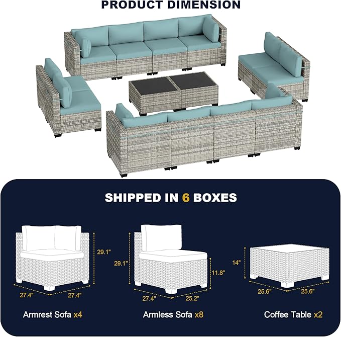 14-Piece Outdoor Patio Furniture Set, PE Wicker Rattan Sectional Sofa Conversation Set with Tempered Glass Table & Thick Cushions - All-Weather Garden, Backyard Furniture, Light Blue