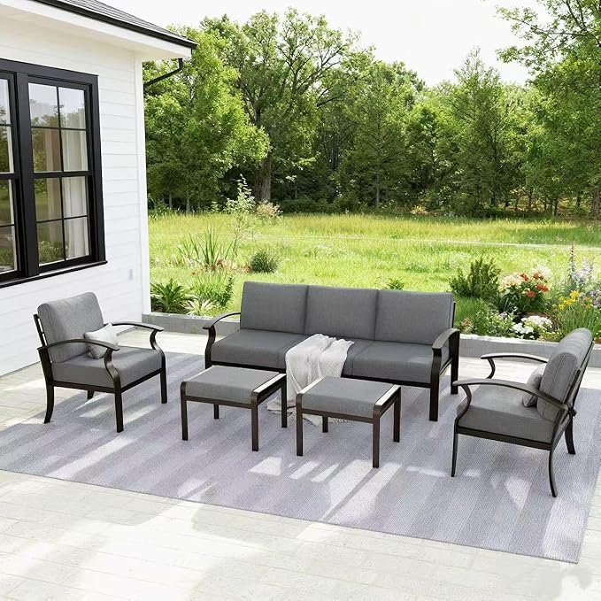 Gotland Aluminum Patio Furniture Set, Metal Outdoor Furniture with 2 Ottomans 5.1’’ High-Resilience Seat Cushions, 5 Piece Patio Set, Oversized Outdoor Sectional Patio Conversation Sets, Gray