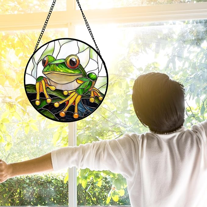 DASTOLL Stained Glass Window Hanging, Green Frog White Petals Sun Catchers Colorful Glass Panel Cute Suncatcher Decor for Birthday for Women, Men, Wife, Aunt, and Mom 9.8 in