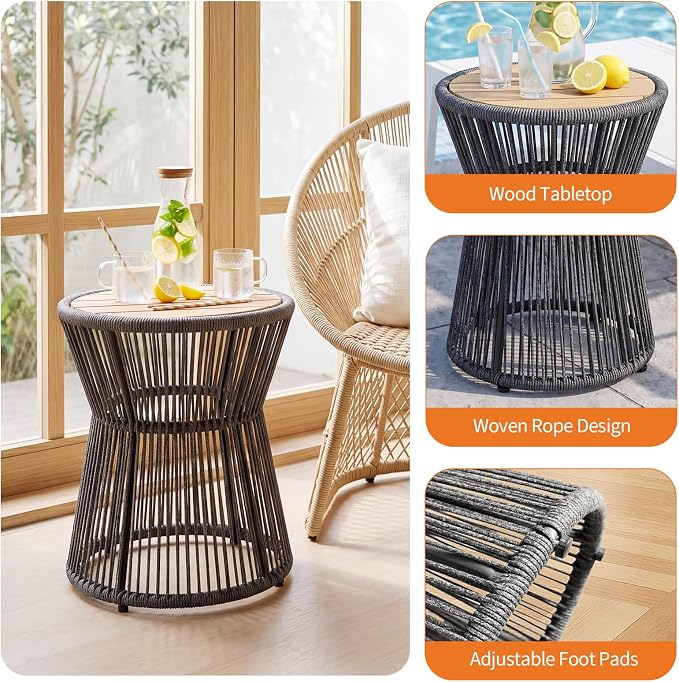 Garvee Outdoor Small Side Table, 20’’ h Patio Rattan End Table with Wood Top Round Coffee Table for Living Room Outdoor Patio Backyard Poolside