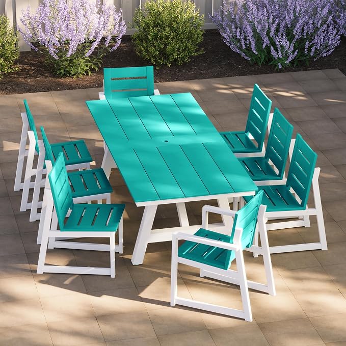 Costaelm Stinson 9-Piece Outdoor HDPE Patio Dining Table Set with Umbrella Hole & Dining Chairs for 8, Turquoise