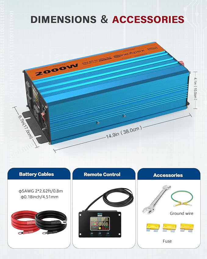 2000 Watt Inverter Pure Sine Wave DC 24V to AC 120V Power Inverters, Car Inverter Solar Power Inverters for Vehicles Home with LCD Display and 2.4A USB Charging Ports,with 3 AC Charger Outlets