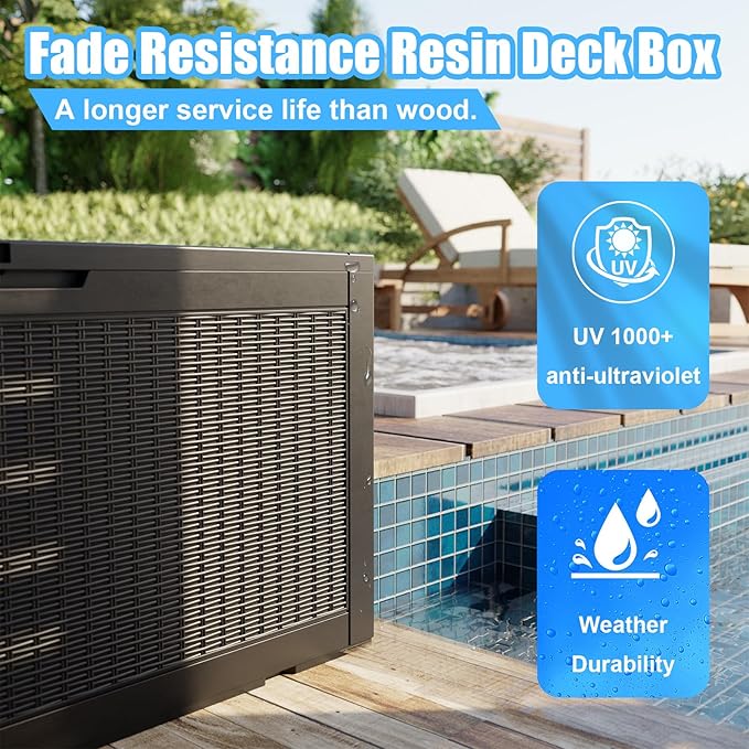 PatioZen 120 Gallon Deck Box,Resin Outdoor Storage Box with Lockable for Patio Furniture, Pool Accessories, Garden Tools Waterproof Outside Storage Box (Black)
