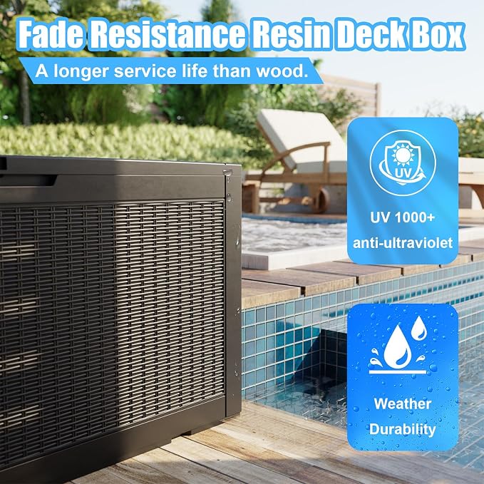 Deck Box Large Outdoor Storage for Patio Furniture,Outdoor Cushions,Garden Tools and Pool Supplies,Waterproof,Resin,Lockable (Black, 100 Gallon)