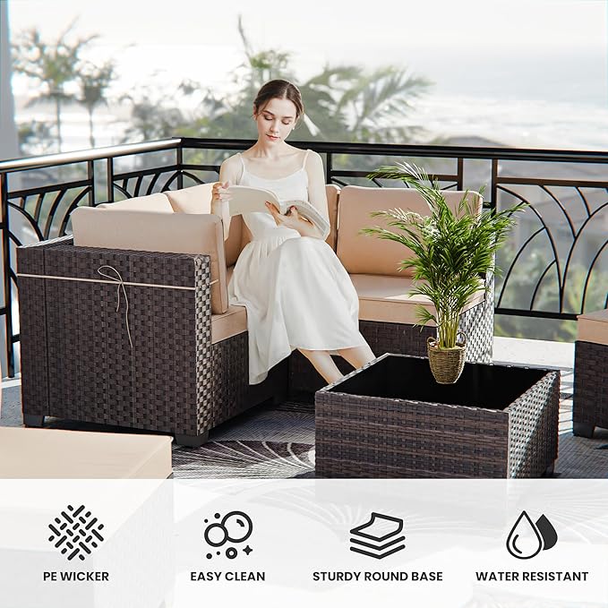 13 Pieces Outdoor Patio Furniture Set,Outdoor Sectional Furniture with 43" 55000 BTU Gas Propane Fire Pit Table,PE Rattan Wicker Patio Conversation Set with 10 Thickened Cushions,Sand