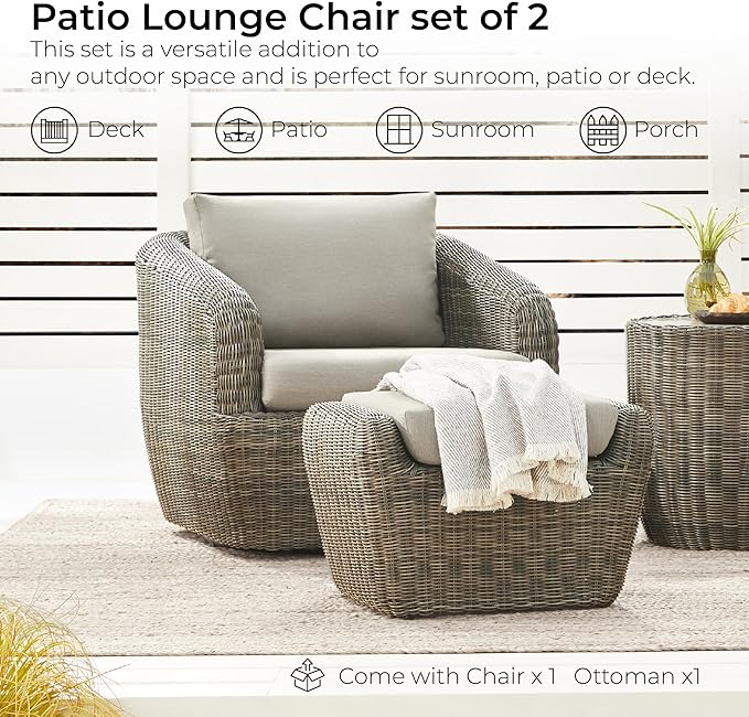 CHITA 2 Pieces Patio Wicker Furniture Set, Outdoor Rattan Chair Set with Removable Thickened Cushions, Fully Assembled(Gray Cushions with Brownish Gray Wicker)