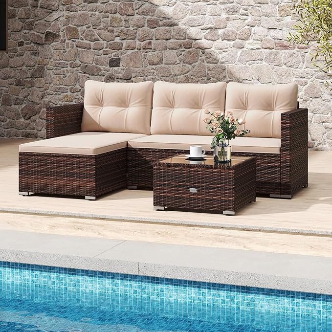 HAPPYGRILL 4-Seats Outdoor Wicker Furniture Set, L-Shaped Sectional Couch Set w/Tempered Glass Coffee Table & Soft Cushions, Patio Seating w/Left or Right Assembly for Yard, Porch