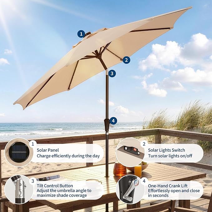 Garvee 9FT Patio Umbrella with 32 Solar LED Lights, Outdoor Table Market Umbrella with Tilt and Crank, 8 Sturdy Iron Ribs Sun Shade for Garden, Deck, Backyard and Pool, Beige