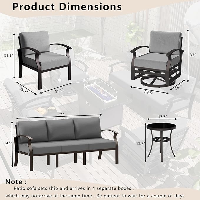 Patio Furniture Set 6-Piece Aluminum Armrest Sofa, All-Weather Patio Conversation Set with Tempered Glass Top Table & Removable Sponge Cushions for Backyard Poolside