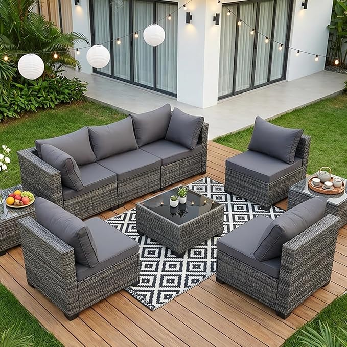 7-Piece Outdoor Wicker Furniture Set, PE Rattan Sectional Sofa with Coffee Table, All-Weather Patio Conversation Set with Thick Cushions for Backyard (Gray)