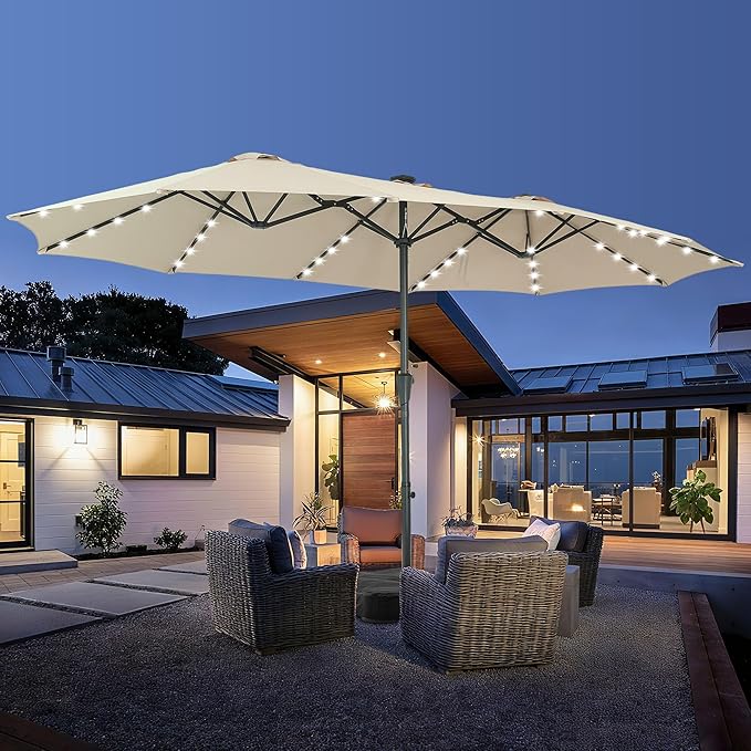 15 ft Patio Umbrella with 48 LED Lights, Large Rectangle Outdoor Solar Umbrella with Matching Base, Strap, Crank, Khaki