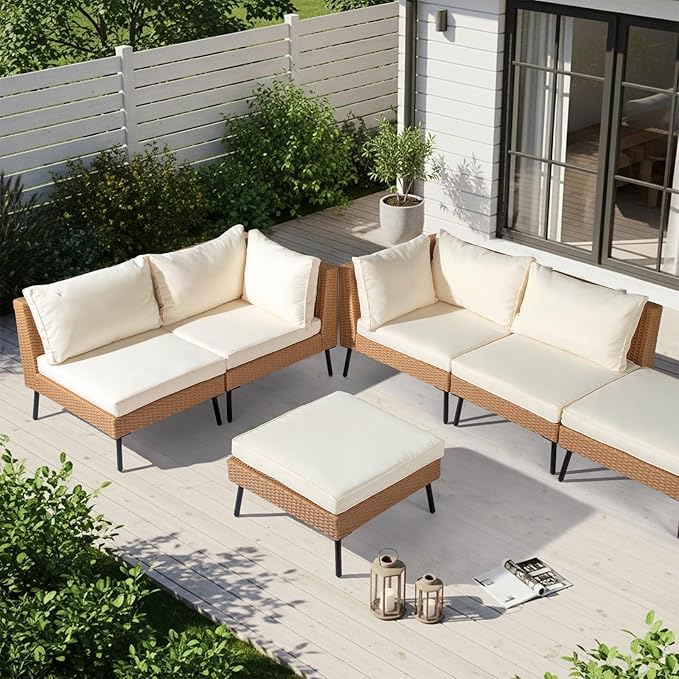 Outvita 6 Pieces Patio Furniture Set, All-Weather Outdoor Sectional Patio Sofa PE Rattan Manual Weaving Wicker Conversation Set with Ottoman & Adjustable Feet & Pillow & Seat Cushion, White & Yellow