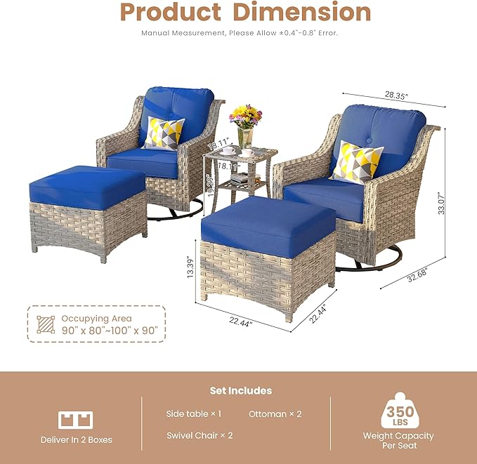 HOOOWOOO Patio Furniture Set,5 Pieces Wicker Outdoor Furniture,High Back Conversation Set with All Weather Resistant Swivel Chairs with Ottoman Side Table,Navy Blue
